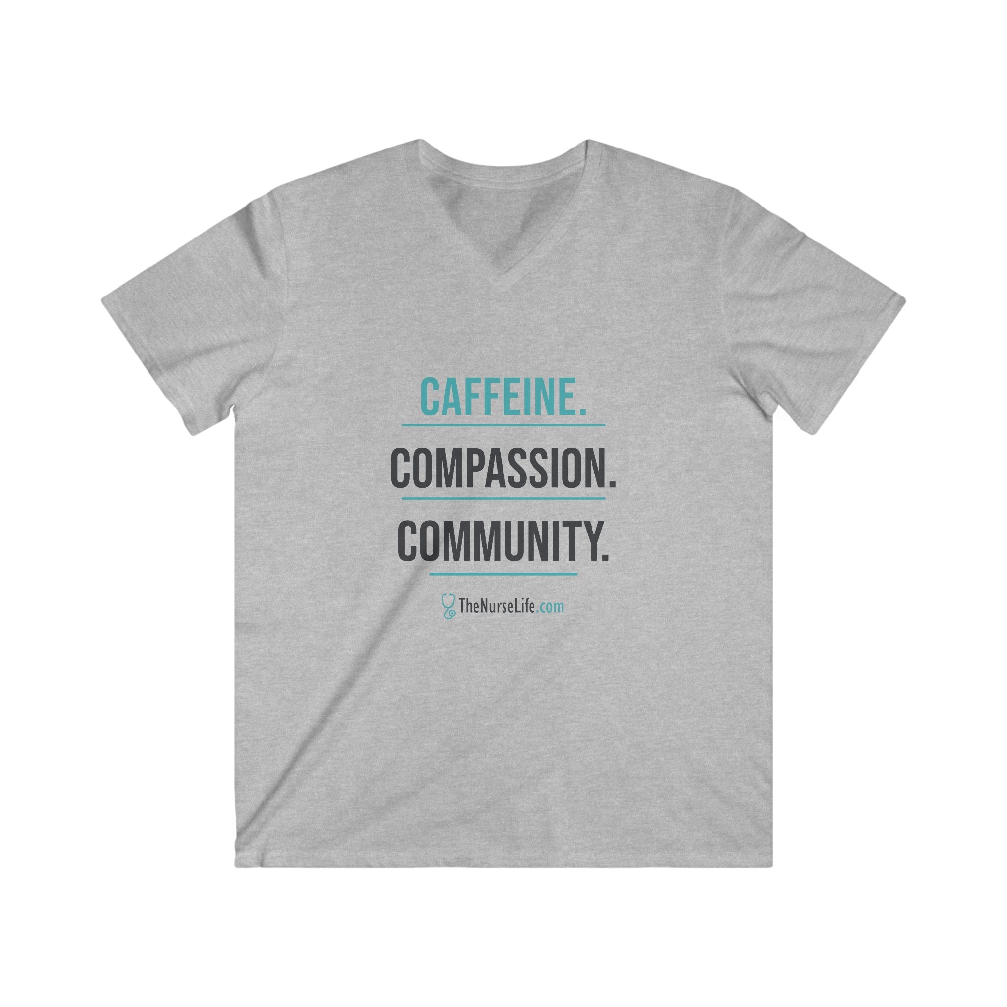 Caffeine. Compassion. Community. — Men’s V-Neck Tee - Image 5