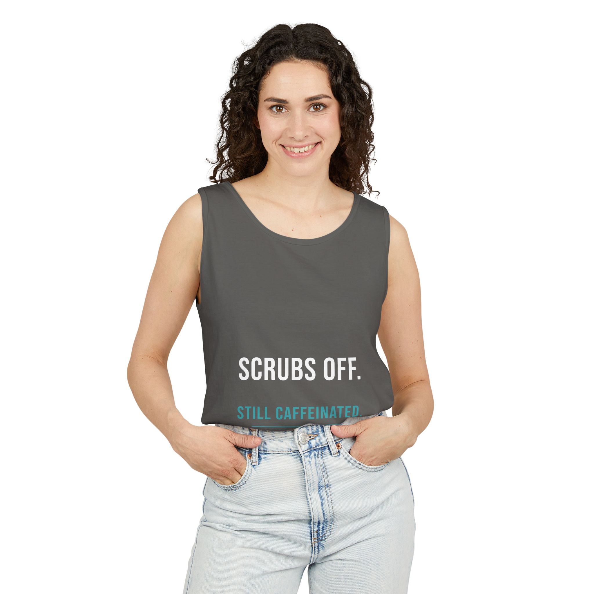 Scrubs Off. Still Caffeinated. — Unisex Tank Top - Image 7
