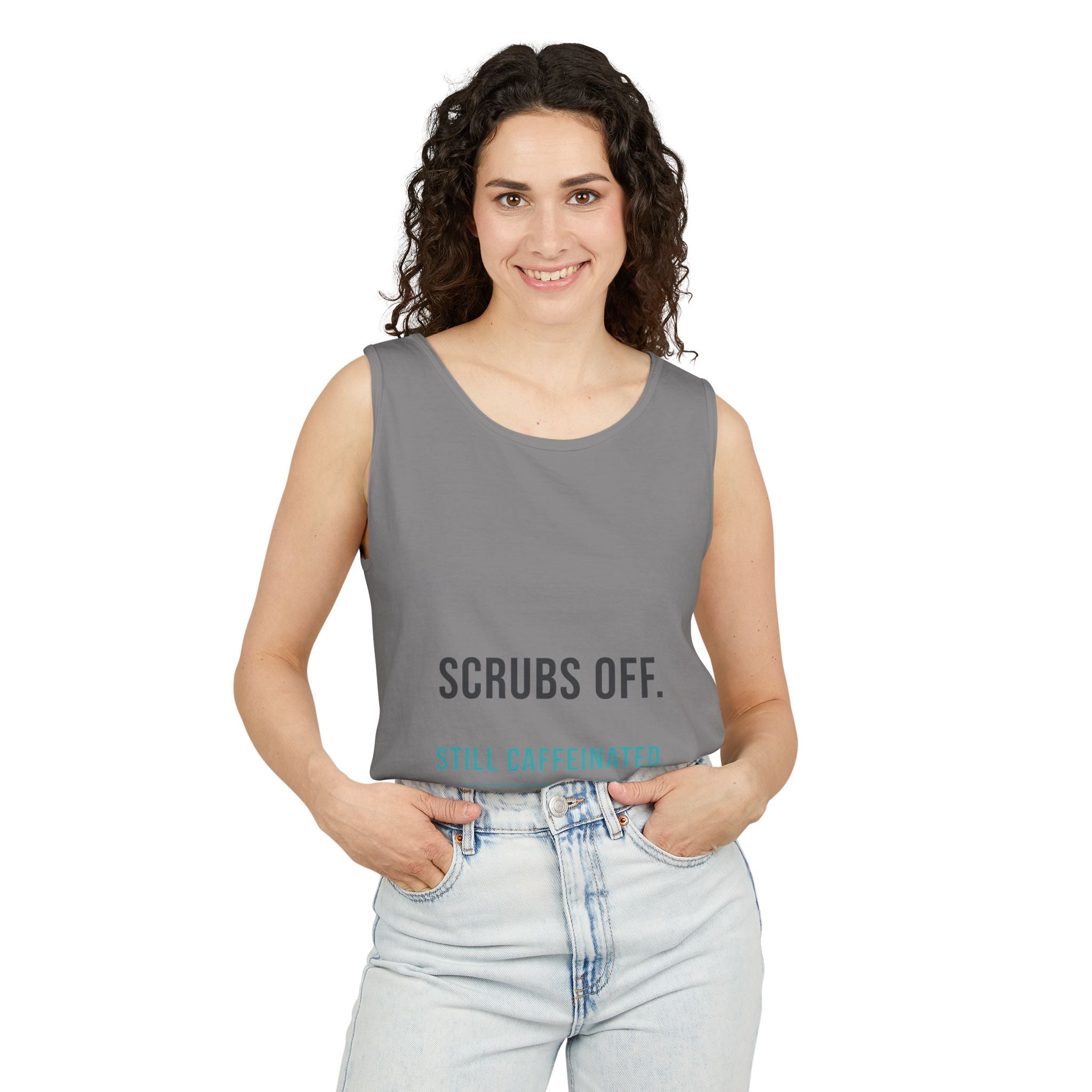 Scrubs Off. Still Caffeinated. — Unisex Tank Top - Image 11
