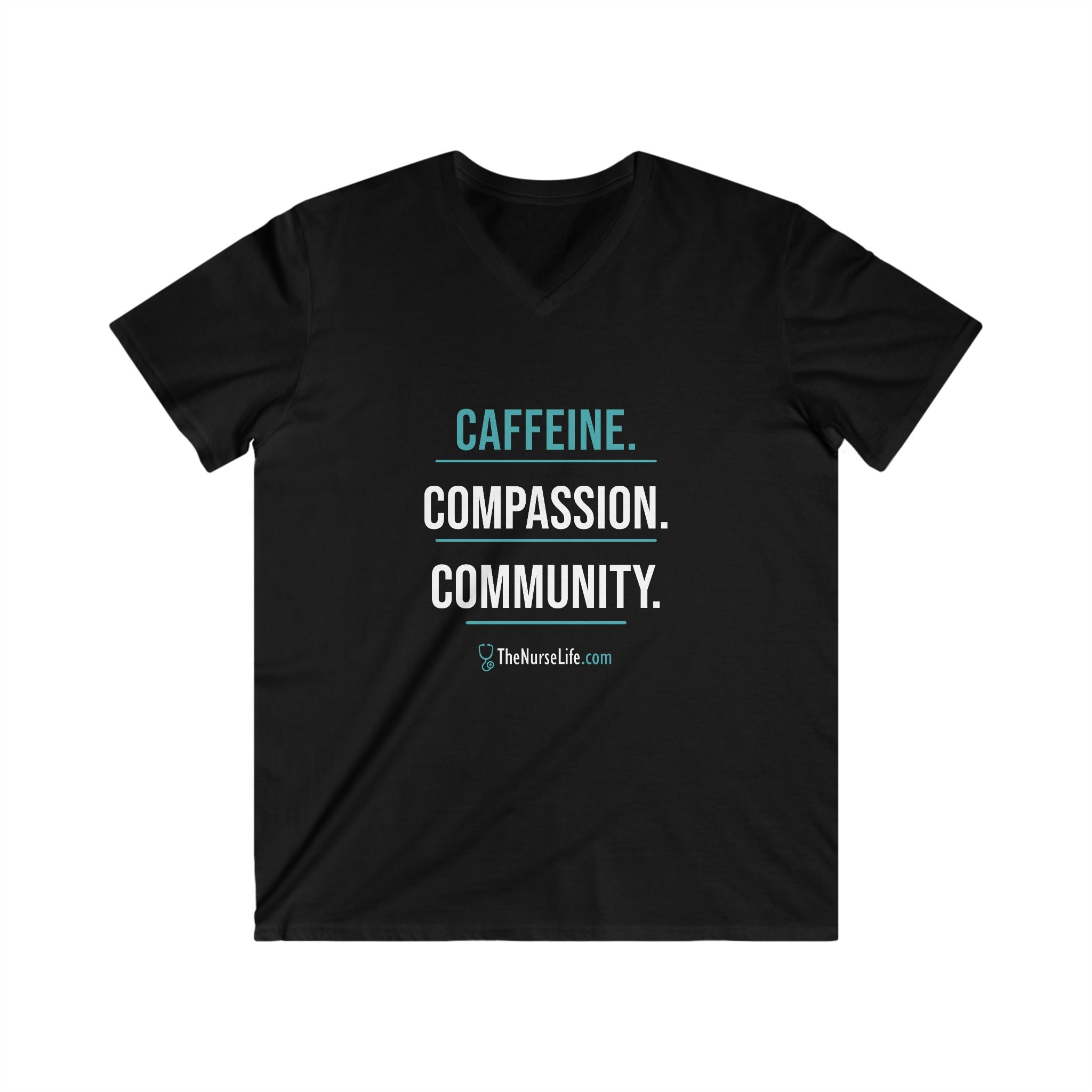 Caffeine. Compassion. Community. — Men’s V-Neck Tee - Image 3