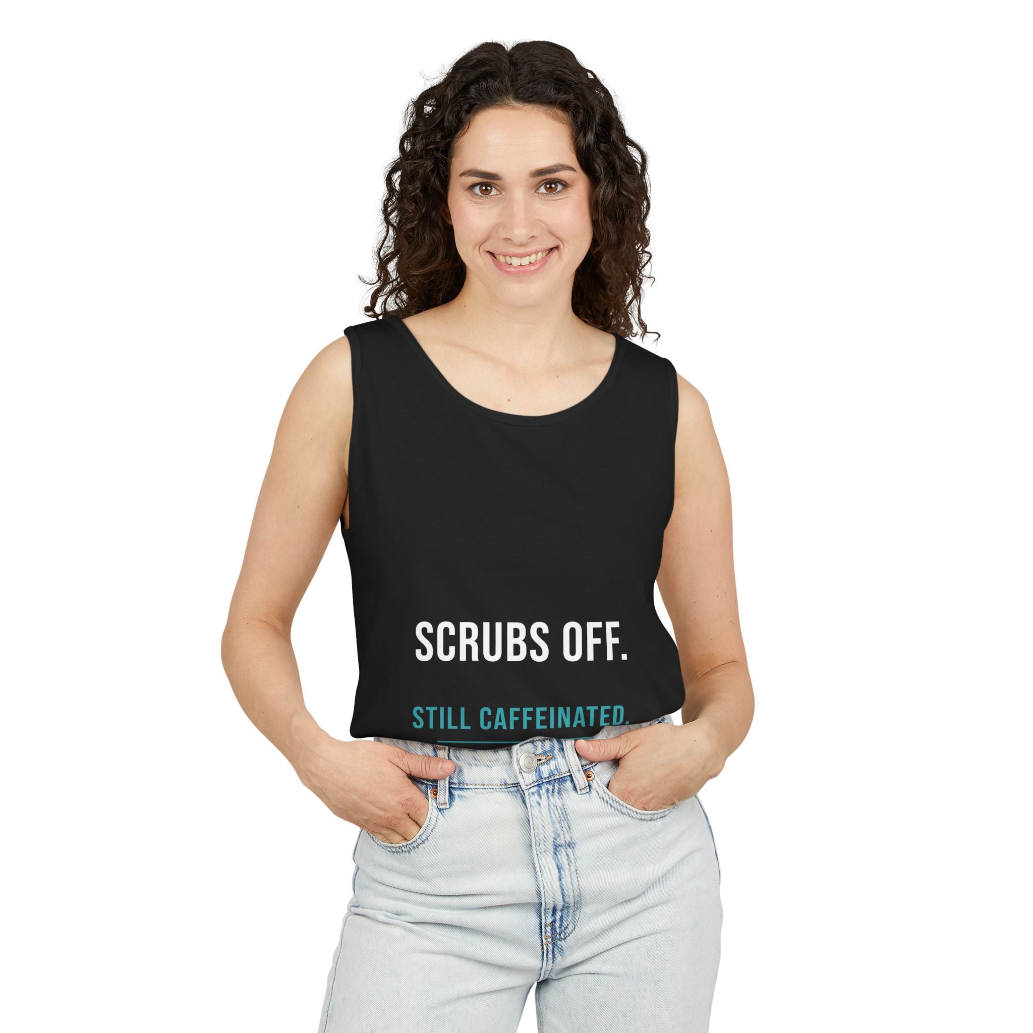 Scrubs Off. Still Caffeinated. — Unisex Tank Top - Image 19