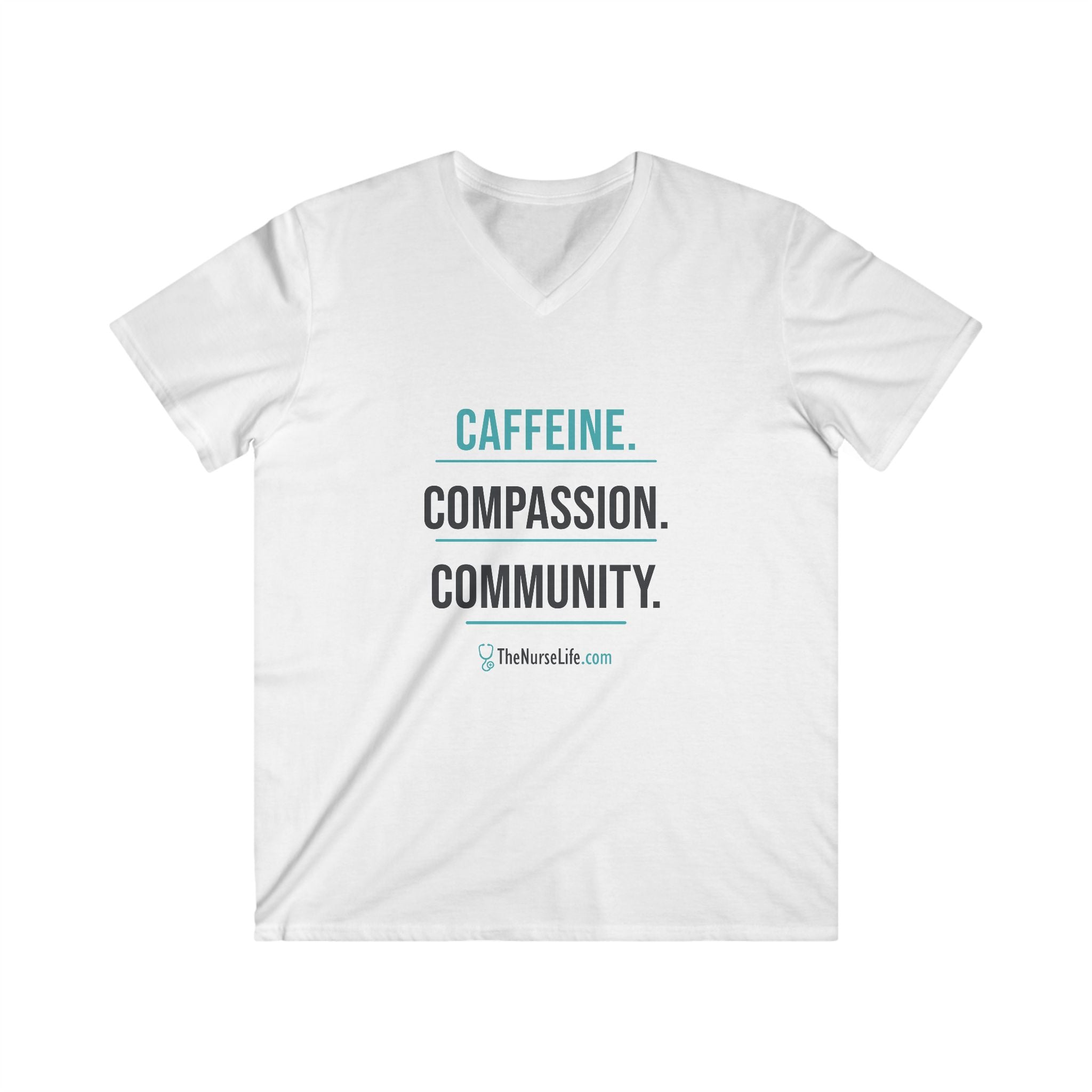 Caffeine. Compassion. Community. — Men’s V-Neck Tee