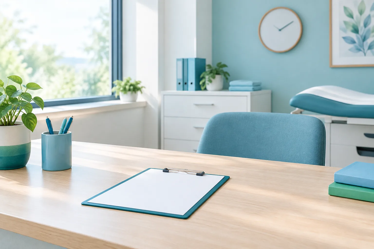 An empty desk with a blank clipboard and an analog clock in soft natural light.