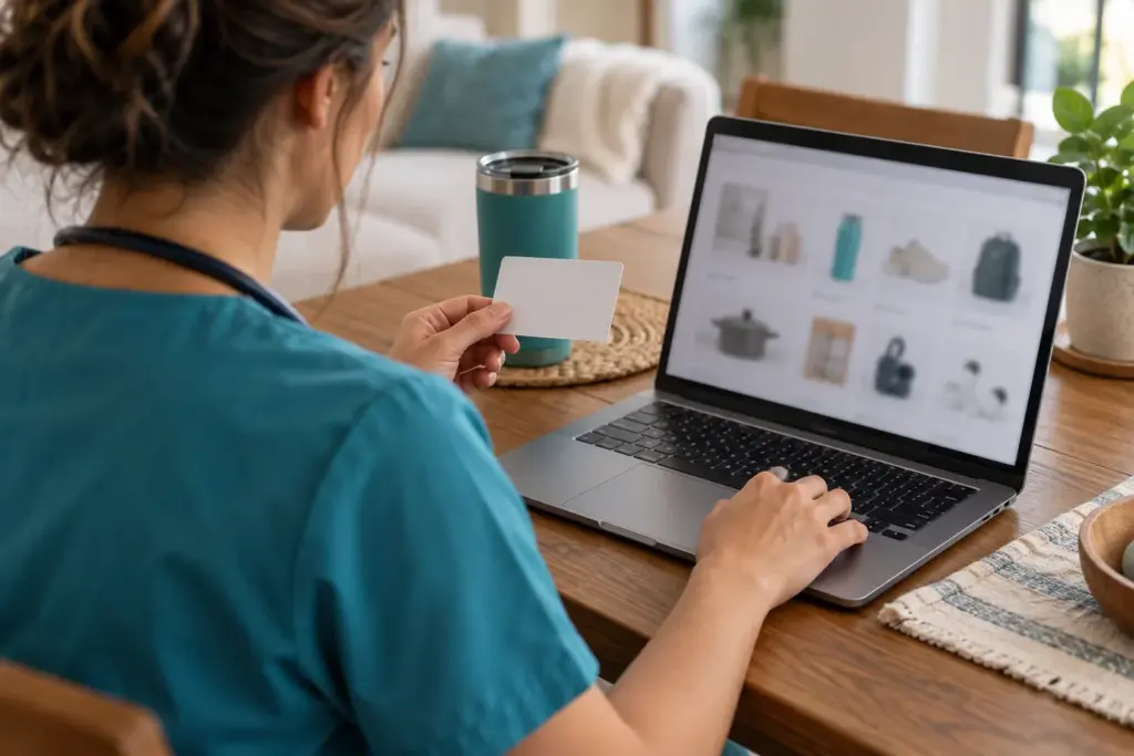 A nurse reviewing online offers while holding an identification card with no visible personal details.