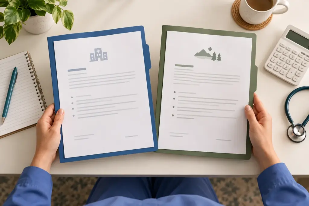 Hands comparing two nursing job offer packets side by side.