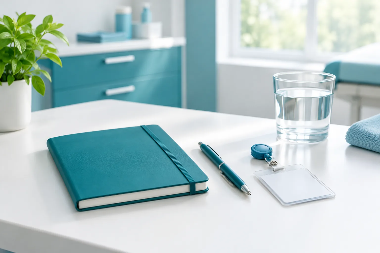 A blank notebook, pen, and face-down badge arranged on a quiet work surface.
