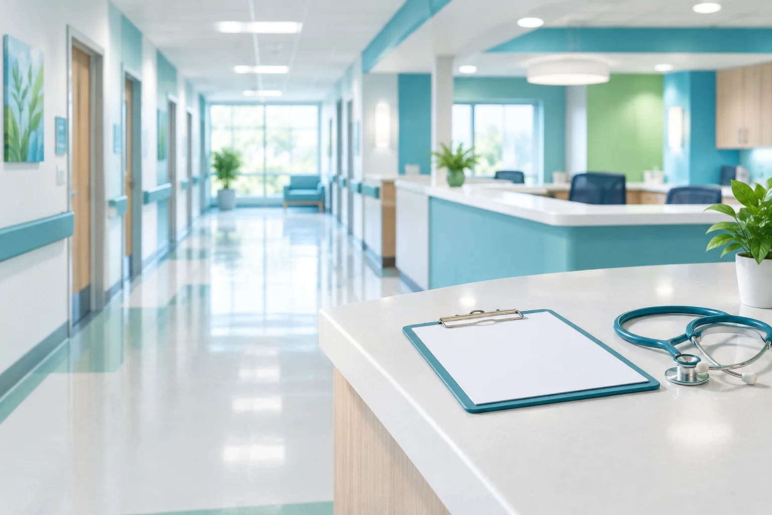 A calm hospital unit hallway with a clipboard and stethoscope on a counter.