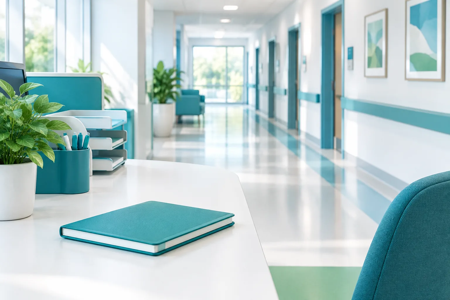 A quiet hospital corridor beside a prepared workstation and closed notebook.