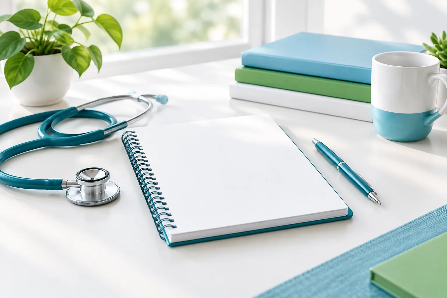 A blank notebook and stethoscope arranged on a desk in soft natural light.