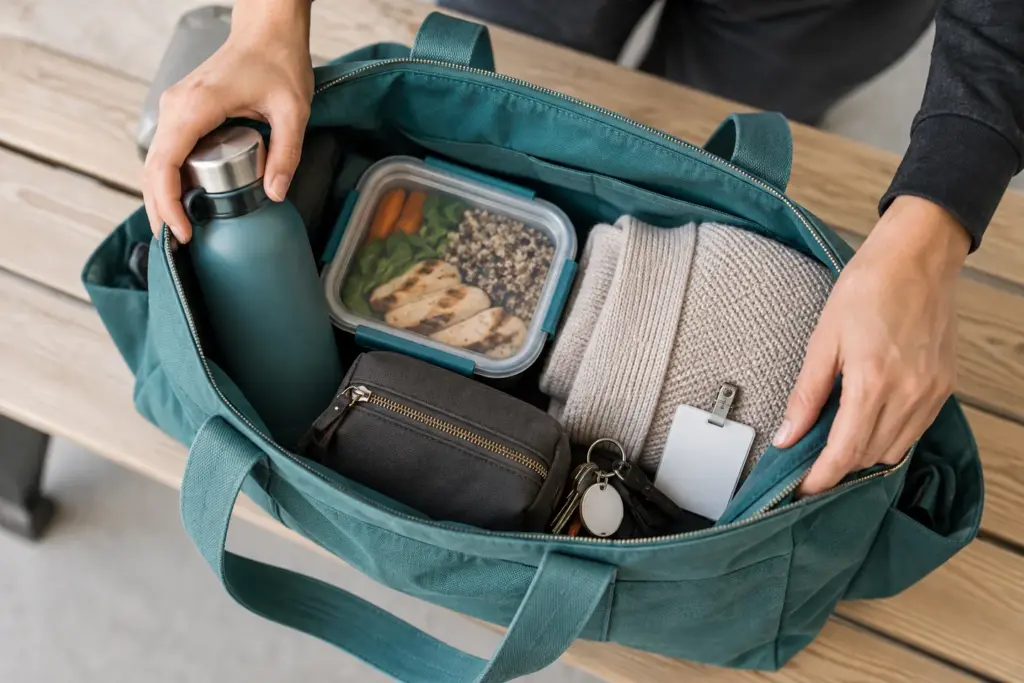 Hands packing a work tote with a water bottle, lunch and night-shift essentials.