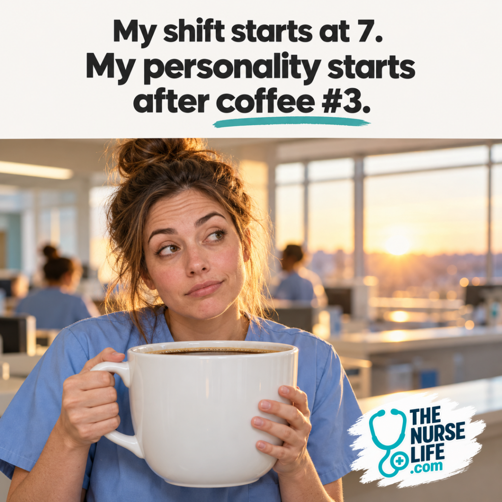A half-awake nurse in light blue scrubs holds an oversized coffee mug at a sunlit nurses station. Meme text: My shift starts at 7. My personality starts after coffee #3.