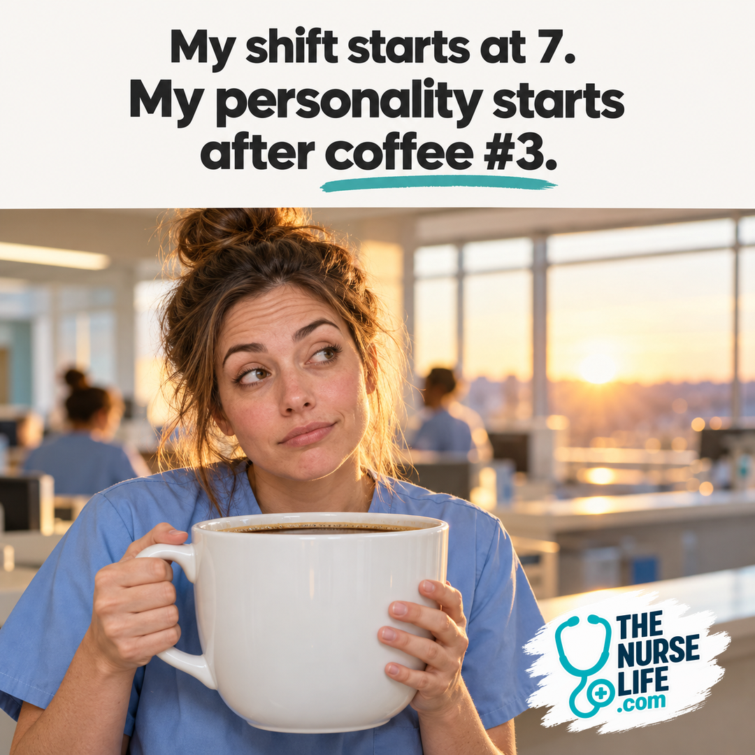 A half-awake nurse in light blue scrubs holds an oversized coffee mug at a sunlit nurses station. Meme text: My shift starts at 7. My personality starts after coffee #3.