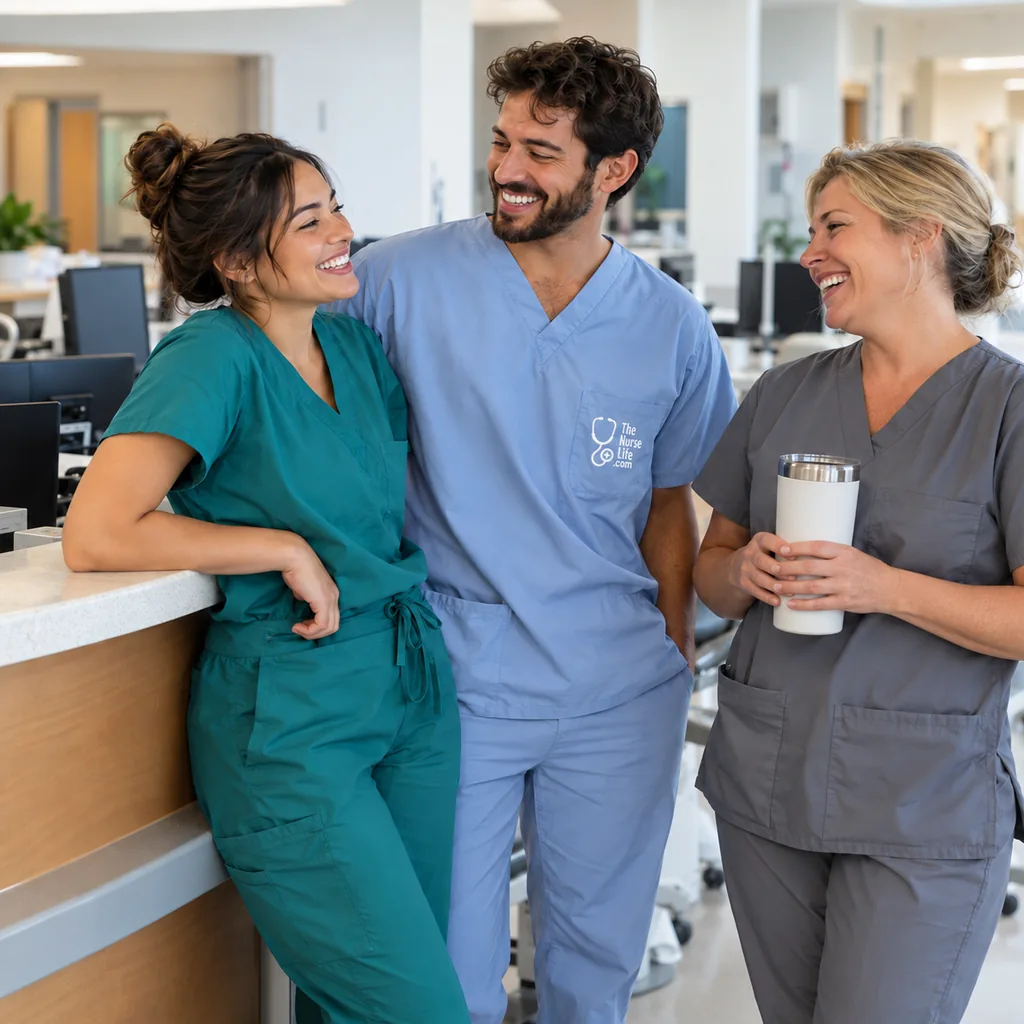 Three nurses sharing a relaxed moment together beside a nurses’ station after a shift.