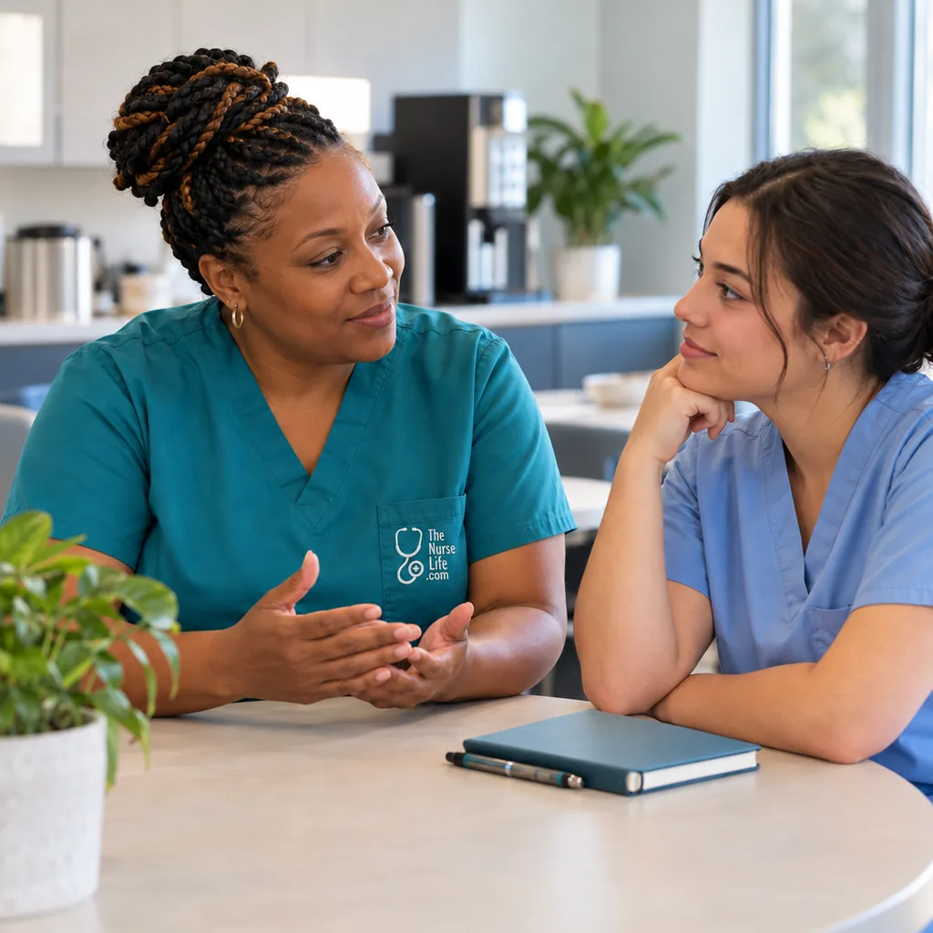 An experienced nurse mentoring a colleague during a thoughtful career conversation.