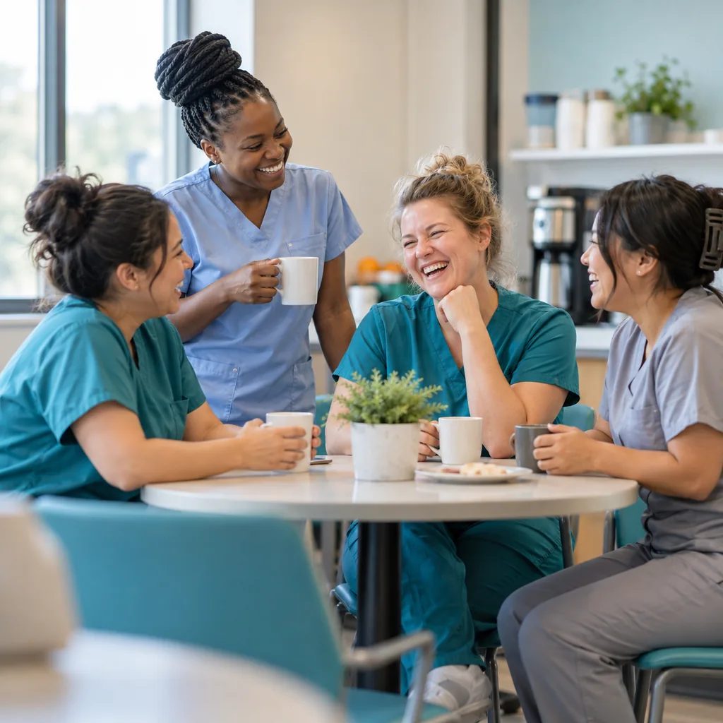 Nurses in teal, blue, and gray scrubs sharing coffee and laughter in a staff break room.