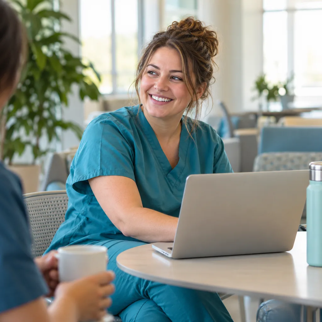 A nurse using a laptop in a staff lounge and smiling toward a colleague.