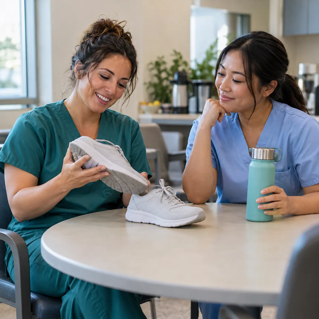 Two nurses discussing comfortable work shoes and a reusable bottle in a break room.