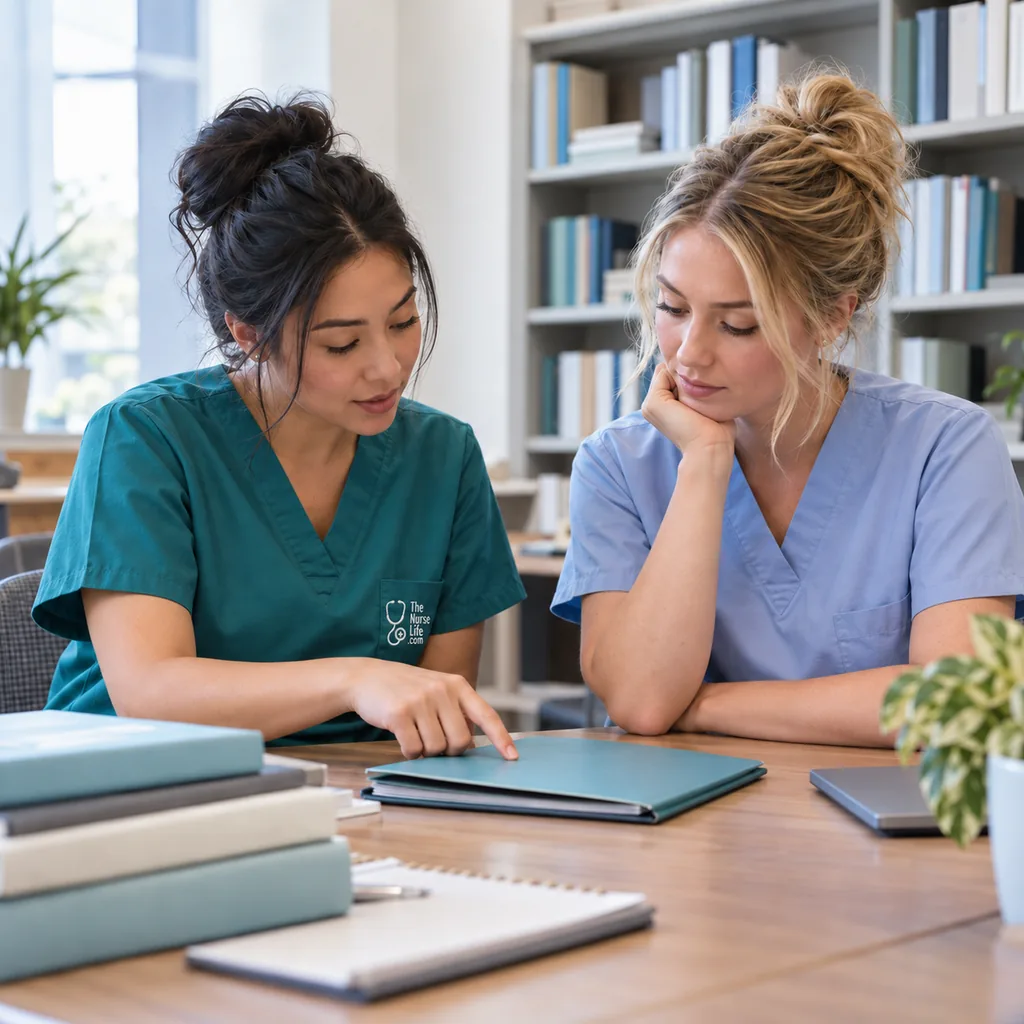 Two nurses thoughtfully reviewing resources together at a hospital staff library table.