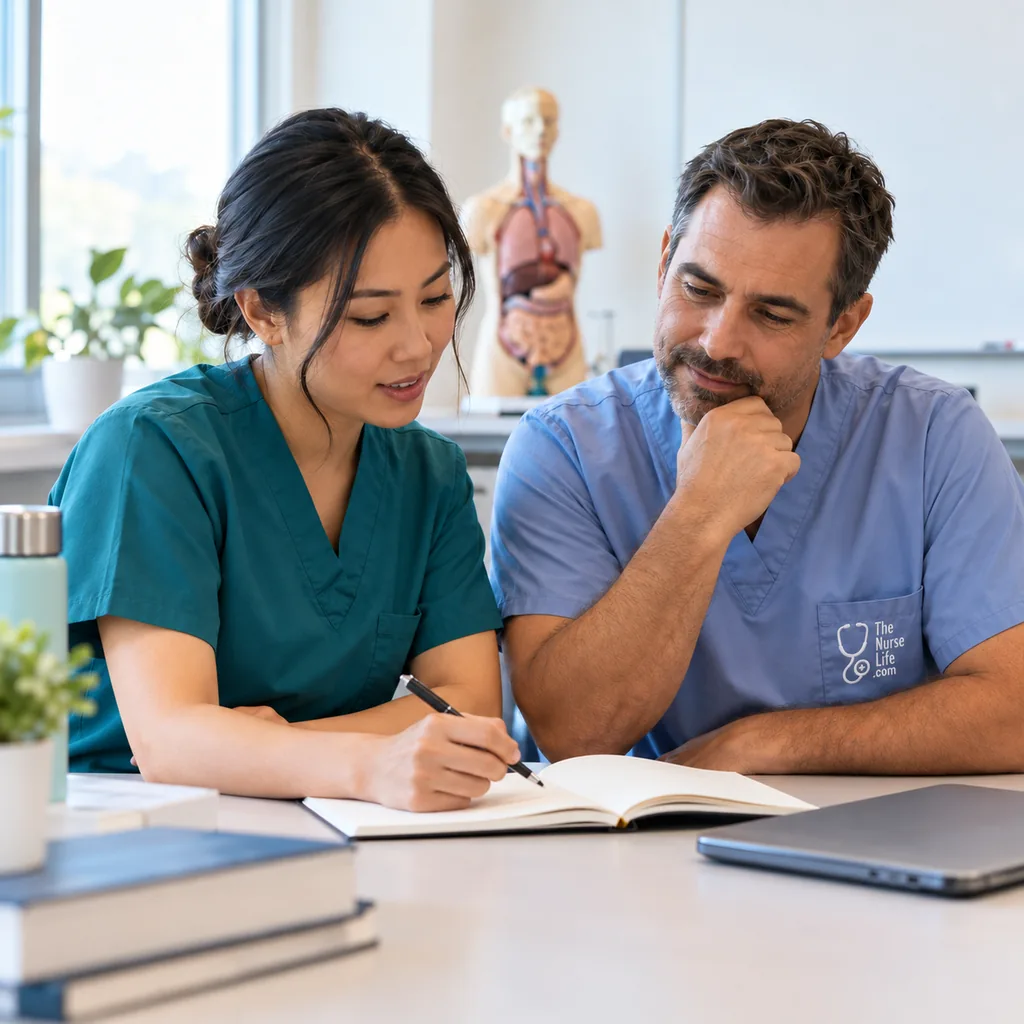 Two nurses learning together with a notebook in a bright training room.