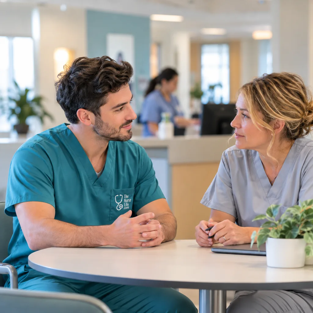 A nurse and nurse manager discussing a potential role at a quiet meeting table.