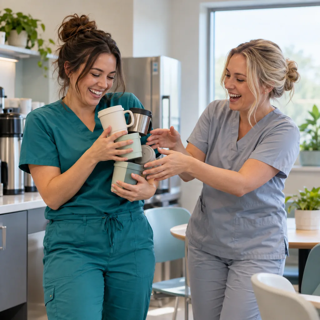 Two nurses laughing as they help each other carry a stack of reusable coffee cups.