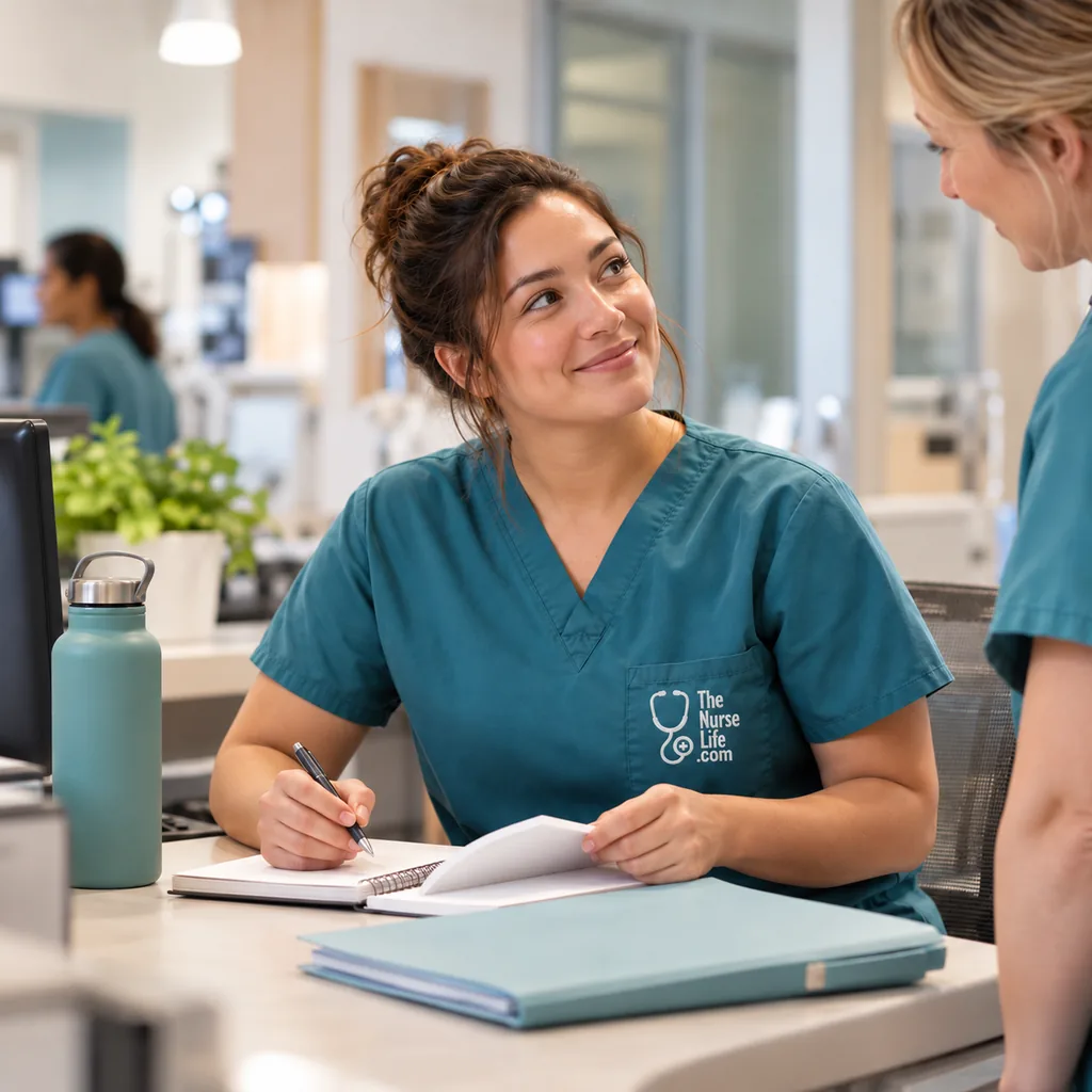 A nurse organizing a notebook and folder at a nurses’ station while talking with a colleague.