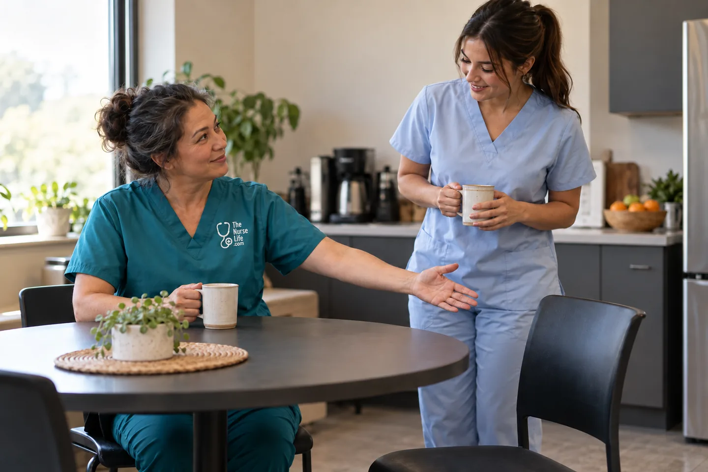 An experienced nurse welcomes a younger colleague to a table in a staff break room.