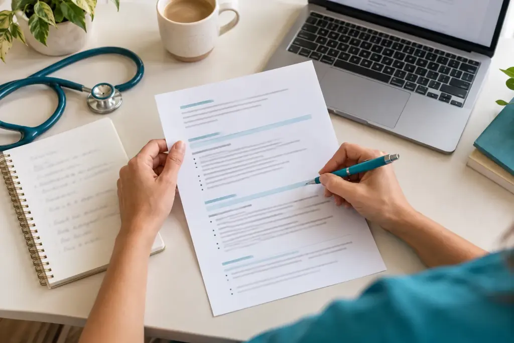 Hands revising a nursing resume beside a laptop and teal stethoscope.