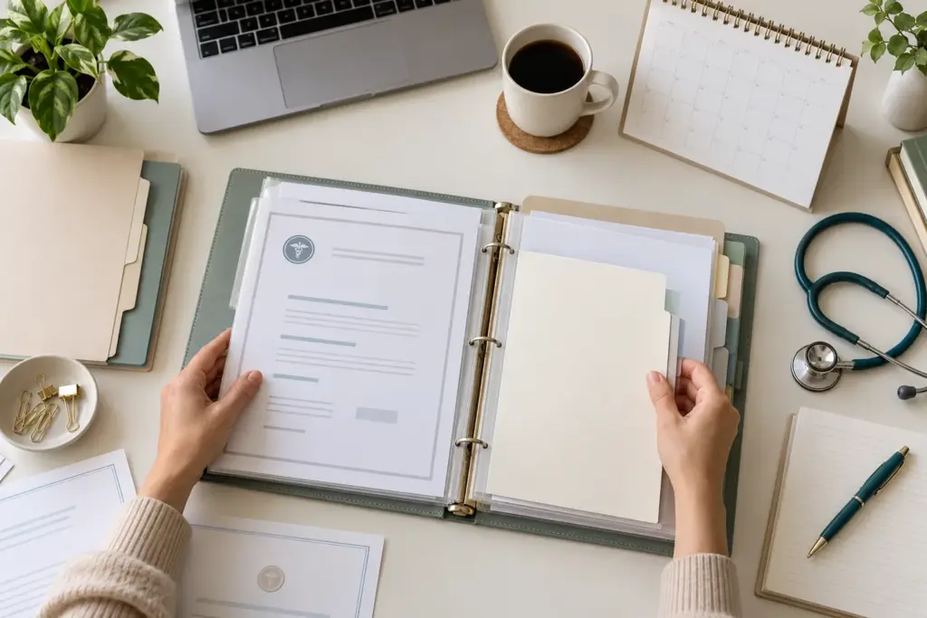 Hands organizing nursing credentials and continuing education records in a binder.