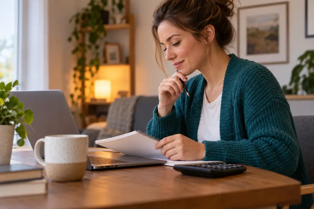 A nurse preparing notes for a salary conversation at a home desk.