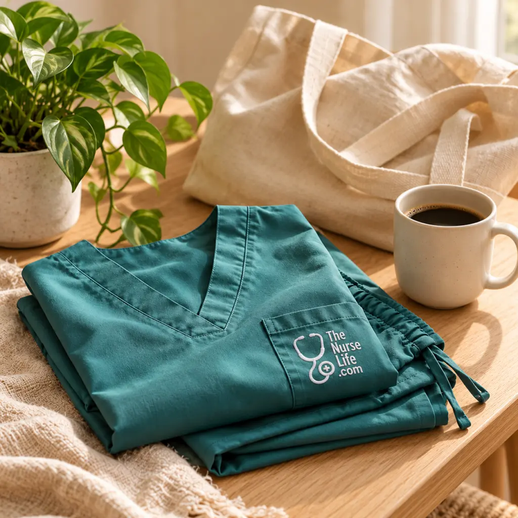 Teal scrubs with a white embroidered-look Nurse Life pocket logo beside a coffee mug and canvas tote.