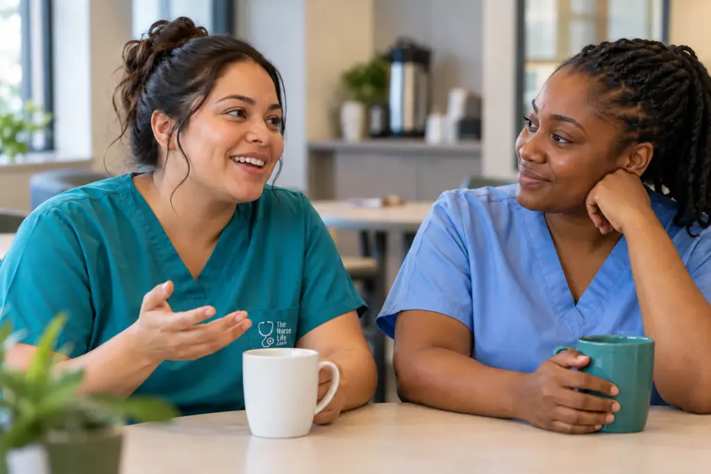 Two nurses sharing a story over coffee in a hospital break room.