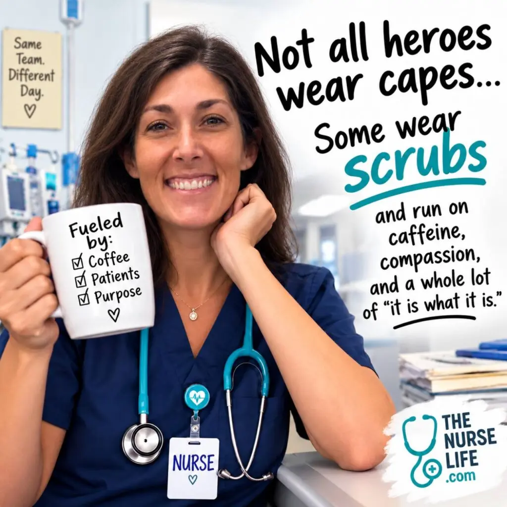 The Nurse Life artwork: a nurse with coffee, celebrating compassion, purpose, and life in scrubs.