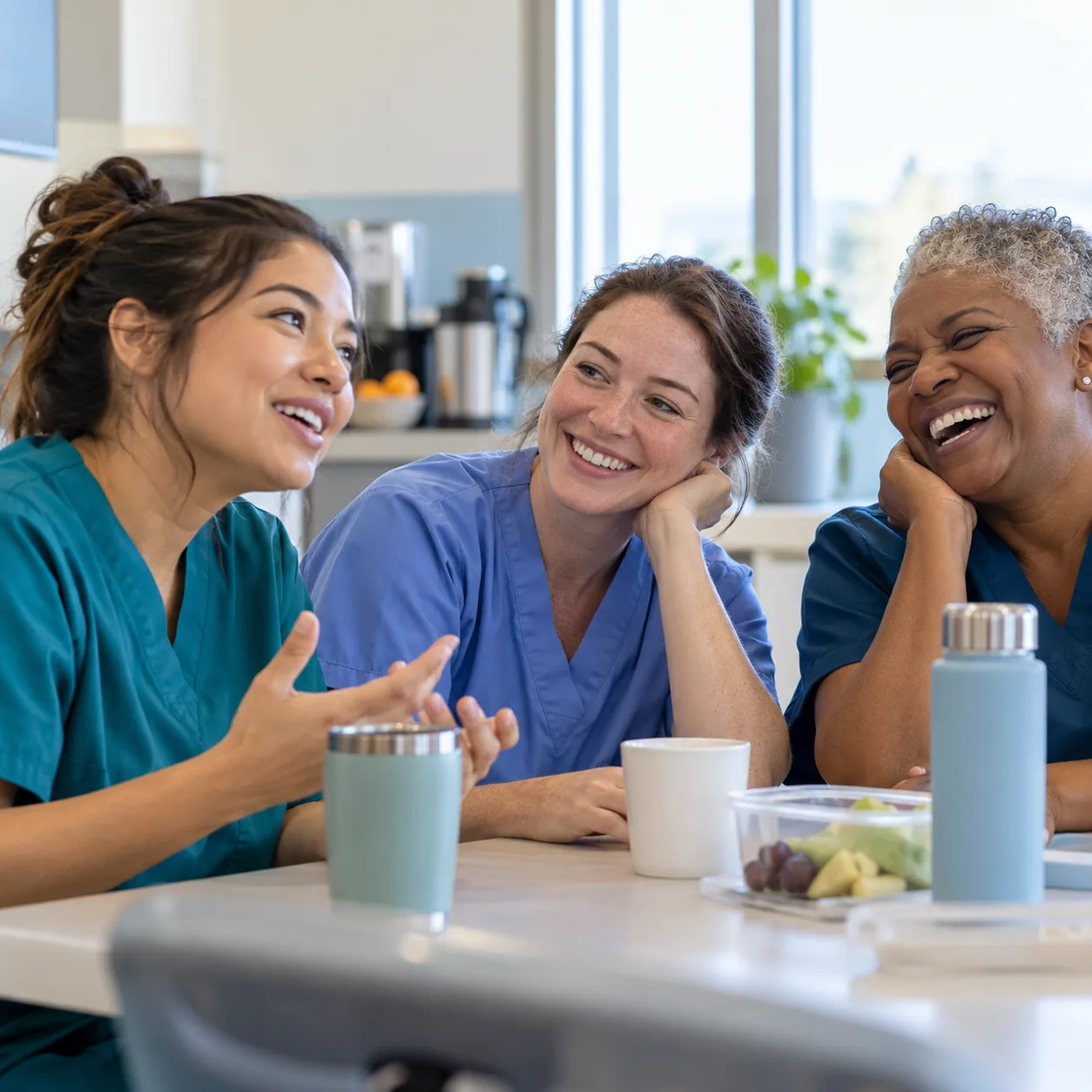 Three nurses sharing a warm conversation in a staff break room.