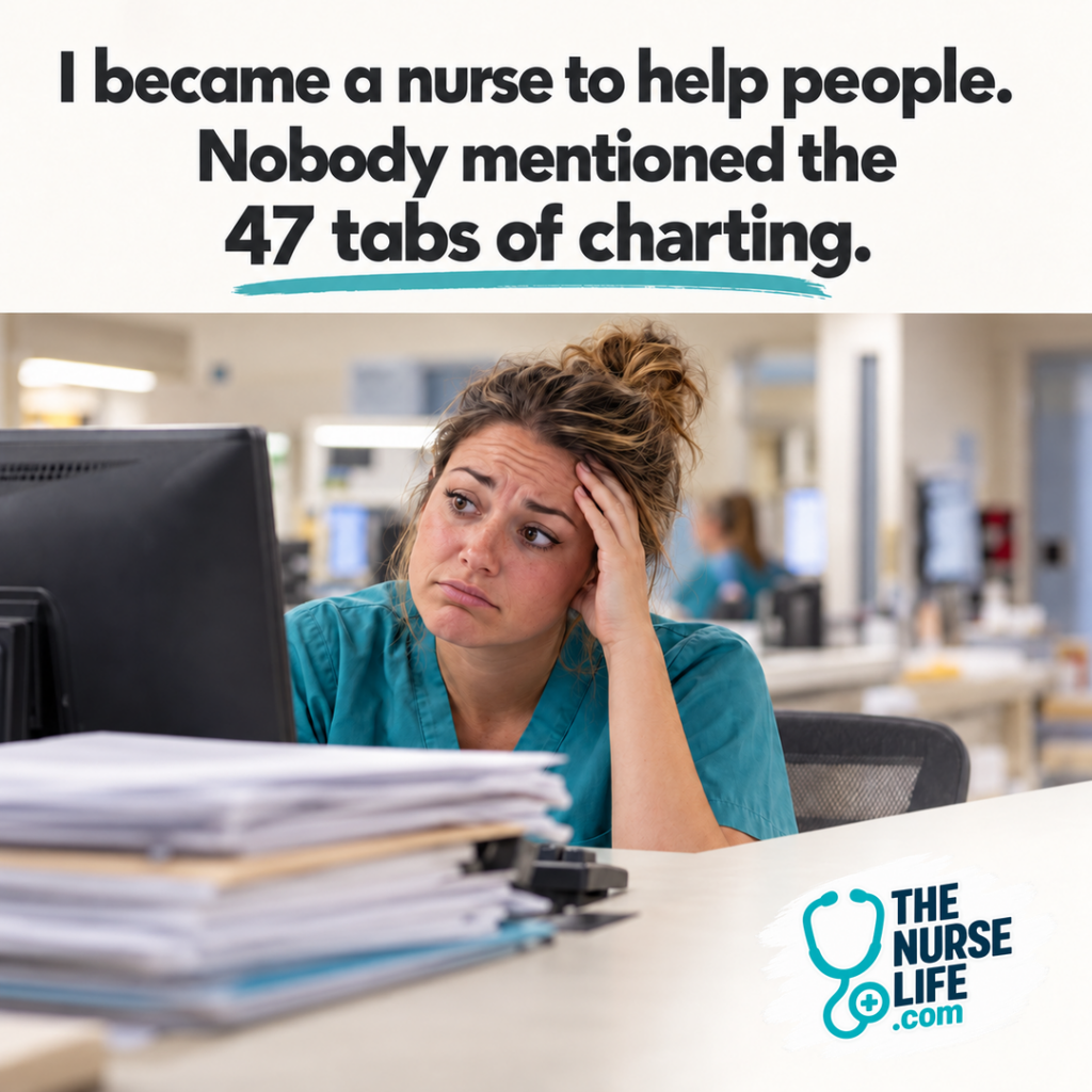 A tired nurse looks at a computer with a hand at her temple, with a stack of paperwork in the foreground. Meme text: I became a nurse to help people. Nobody mentioned the 47 tabs of charting.