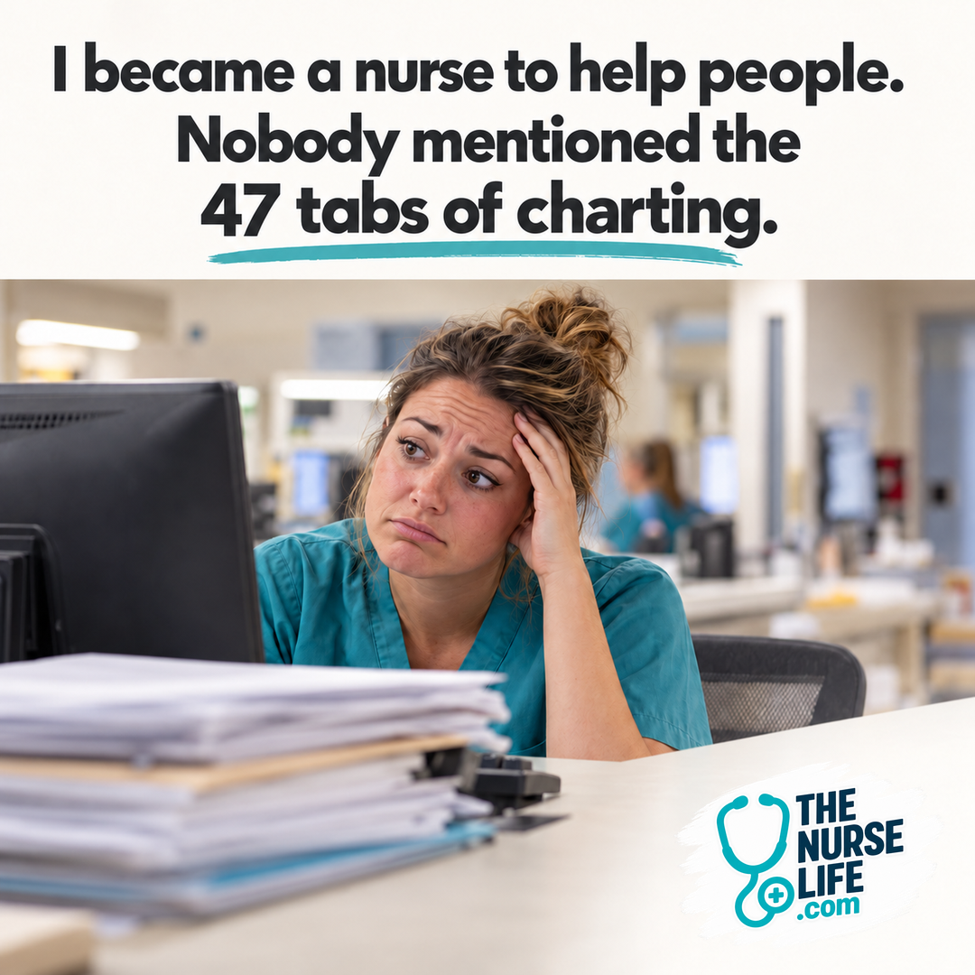 A tired nurse looks at a computer with a hand at her temple, with a stack of paperwork in the foreground. Meme text: I became a nurse to help people. Nobody mentioned the 47 tabs of charting.