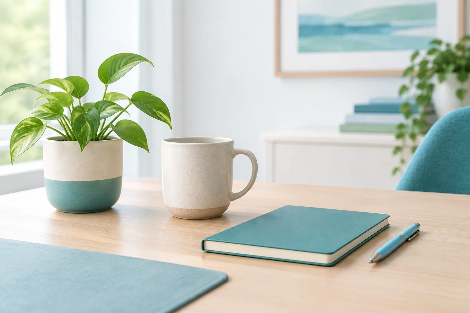 A small plant, plain mug, and closed notebook on a desk.
