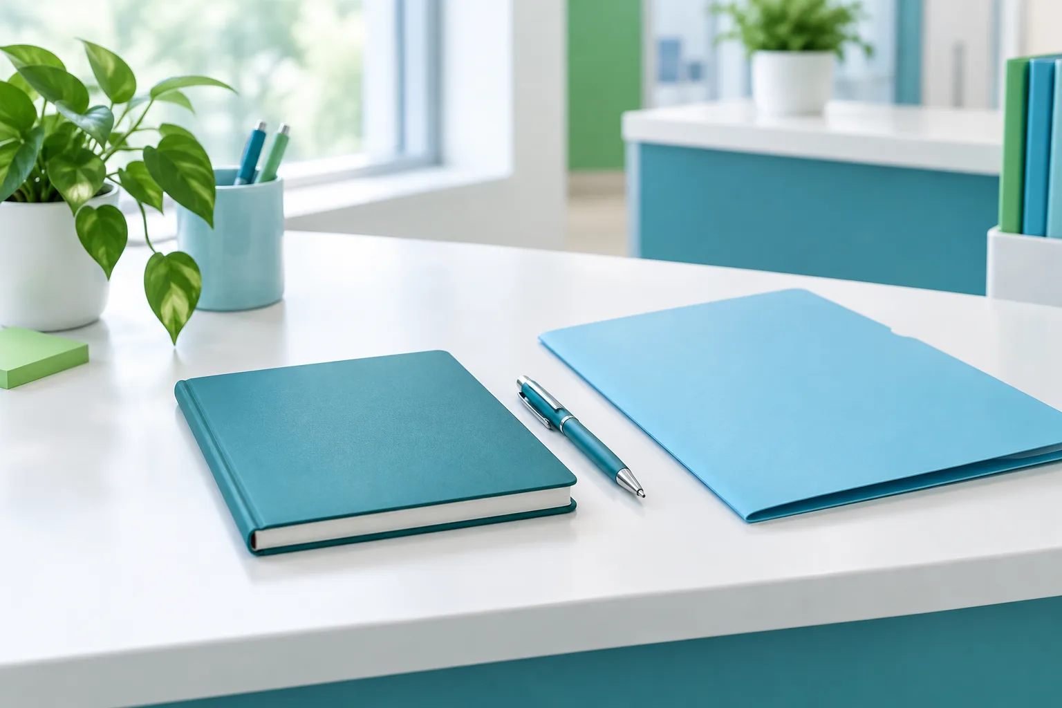 A blank notebook, pen, and folder arranged on a softly lit desk.